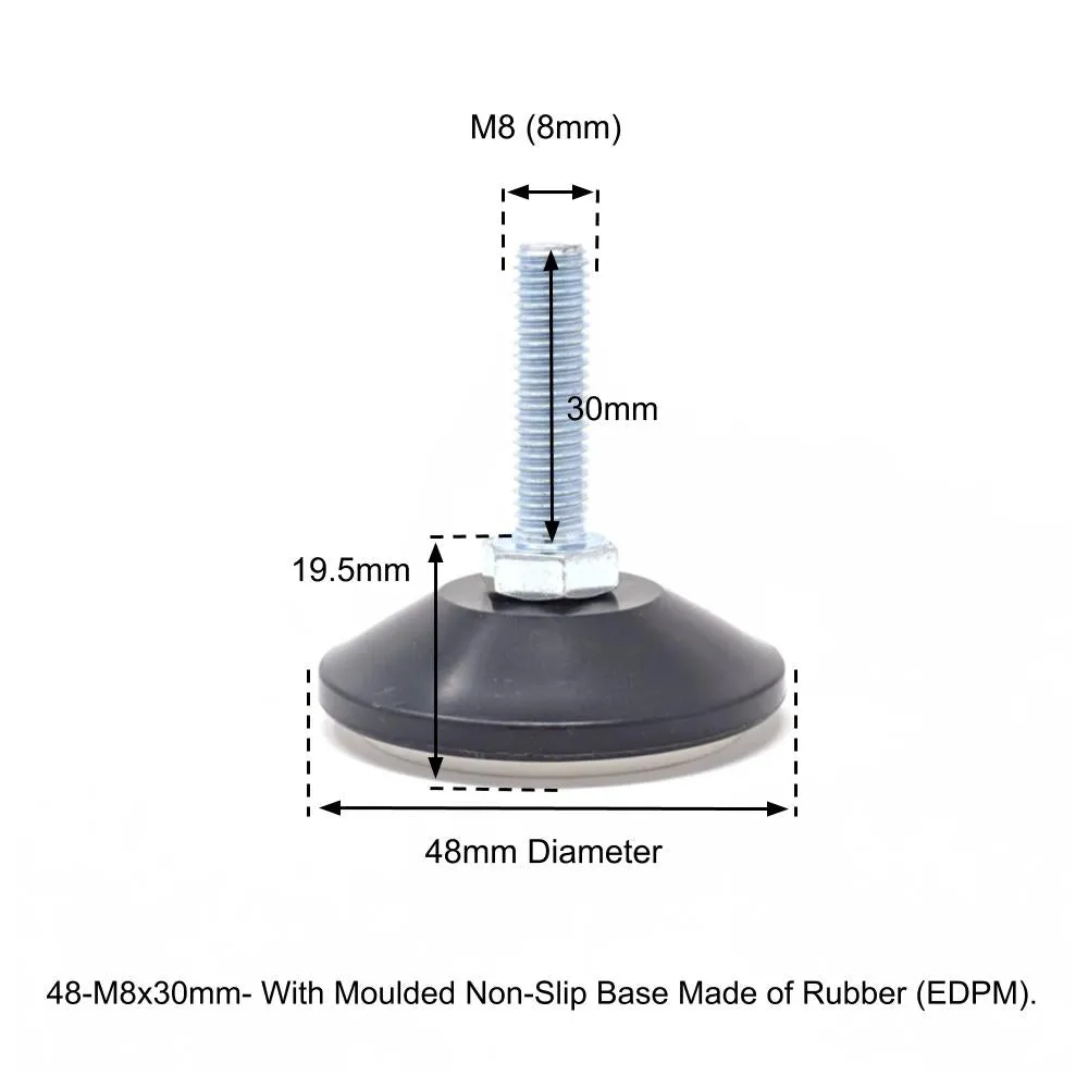 48mm-M8x30mm Non-Slip Screw In Levelling Machine Feet Height Adjustable, Made In Germany
