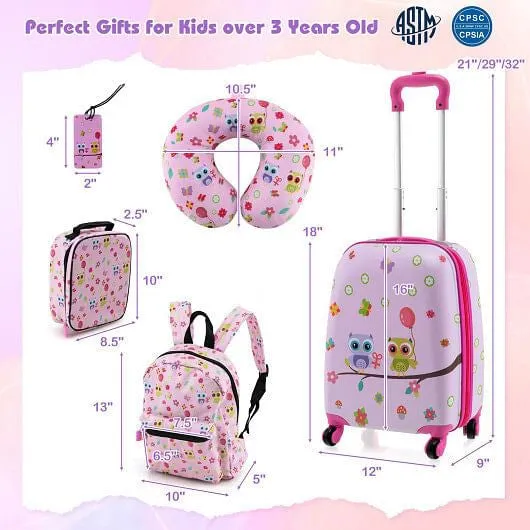 5 Piece Kids Luggage Set with Backpack Neck Pillow Name Tag Lunch Bag-Pink - Col