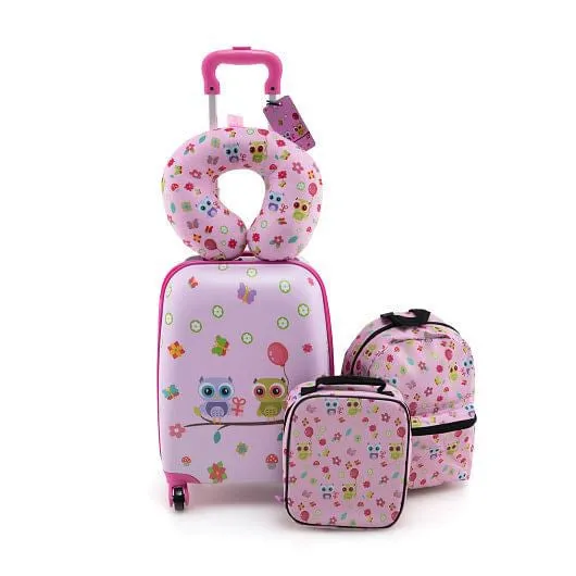 5 Piece Kids Luggage Set with Backpack Neck Pillow Name Tag Lunch Bag-Pink - Col
