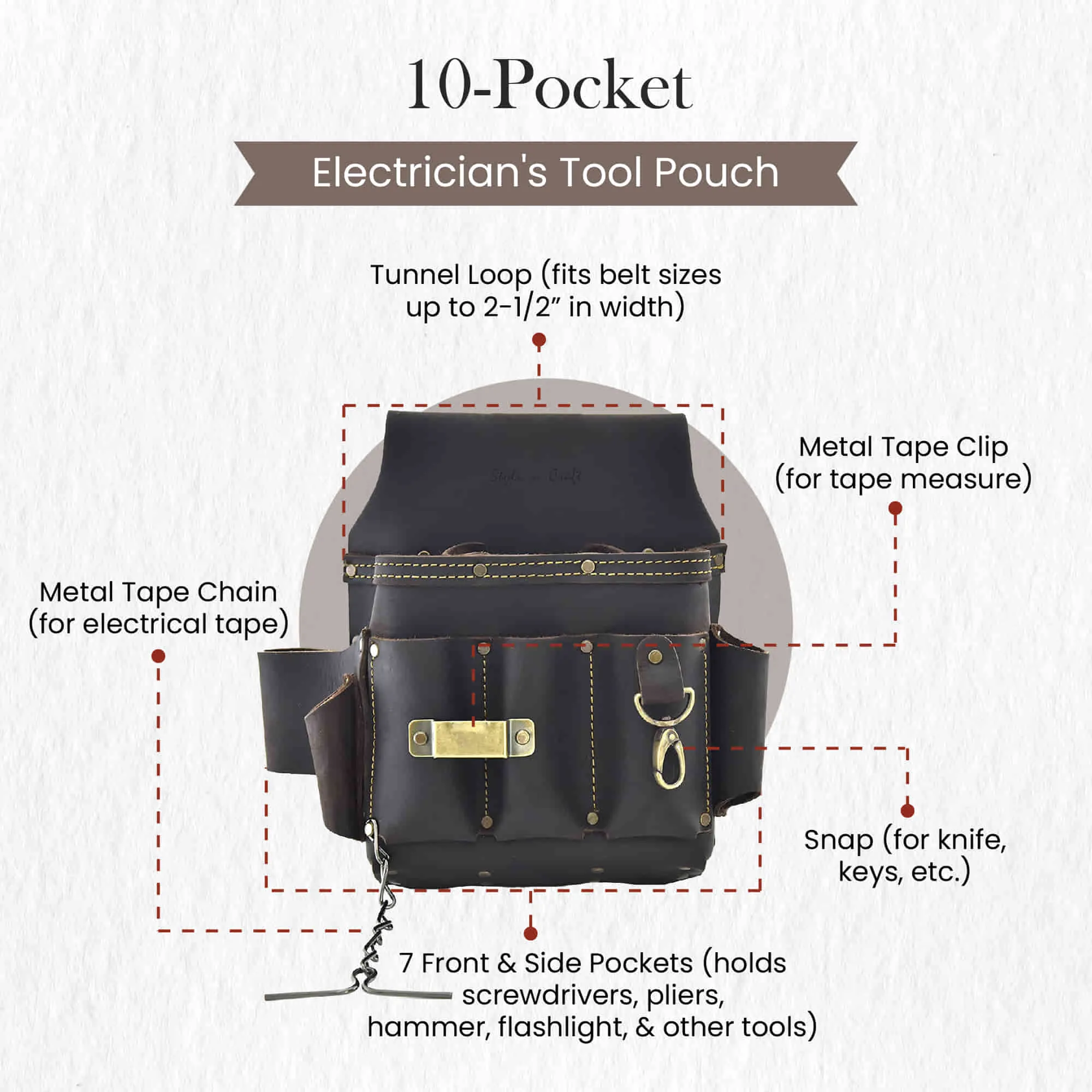 70603 - 10 Pocket Electrician's Tool Pouch in Full Grain Oiled Leather | Style n Craft