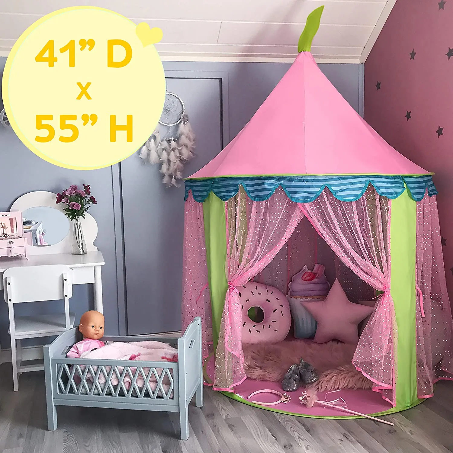 Brand new 41"D X 55"H Princess Castle Play Tent with Tote Bag for Girls Indoor Outdoor Use, By Tiny Land