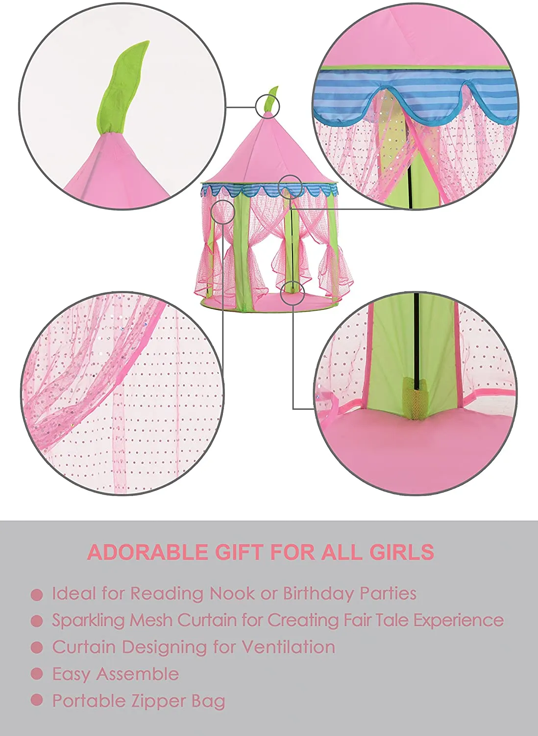 Brand new 41"D X 55"H Princess Castle Play Tent with Tote Bag for Girls Indoor Outdoor Use, By Tiny Land
