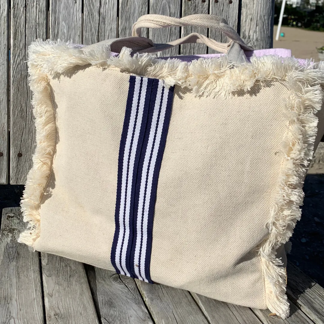 Canvas Fringe Tote | Navy & White Stripe