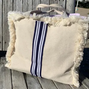 Canvas Fringe Tote | Navy & White Stripe