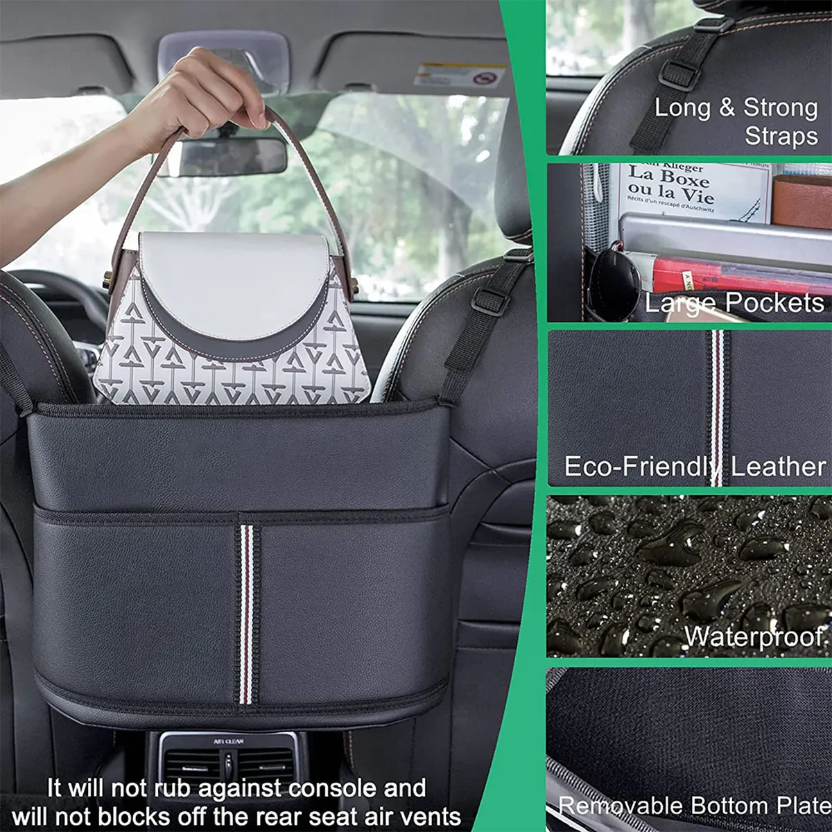 Car Purse Holder for Car Handbag Holder Between Seats Premium PU Leather, Custom Fit For Car, Hanging Car Purse Storage Pocket Back Seat Pet Barrier WANS223