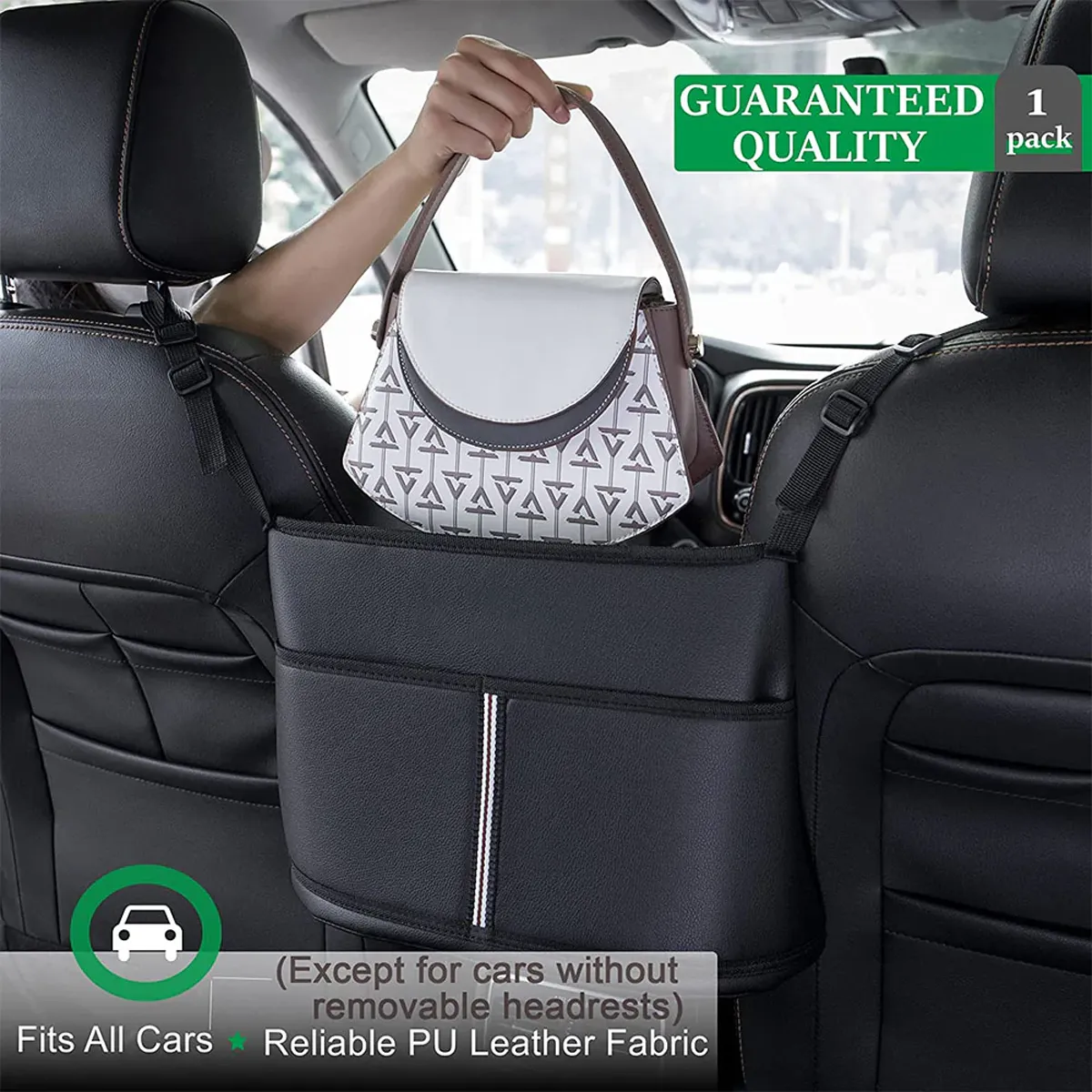 Car Purse Holder for Car Handbag Holder Between Seats Premium PU Leather, Custom Fit For Car, Hanging Car Purse Storage Pocket Back Seat Pet Barrier WANS223