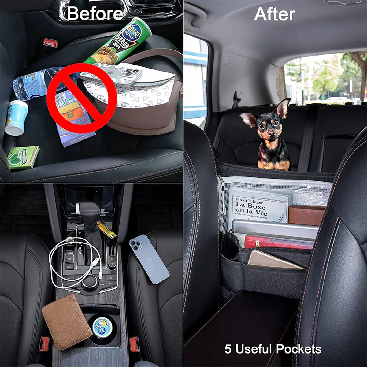 Car Purse Holder for Car Handbag Holder Between Seats Premium PU Leather, Custom Fit For Car, Hanging Car Purse Storage Pocket Back Seat Pet Barrier WANS223