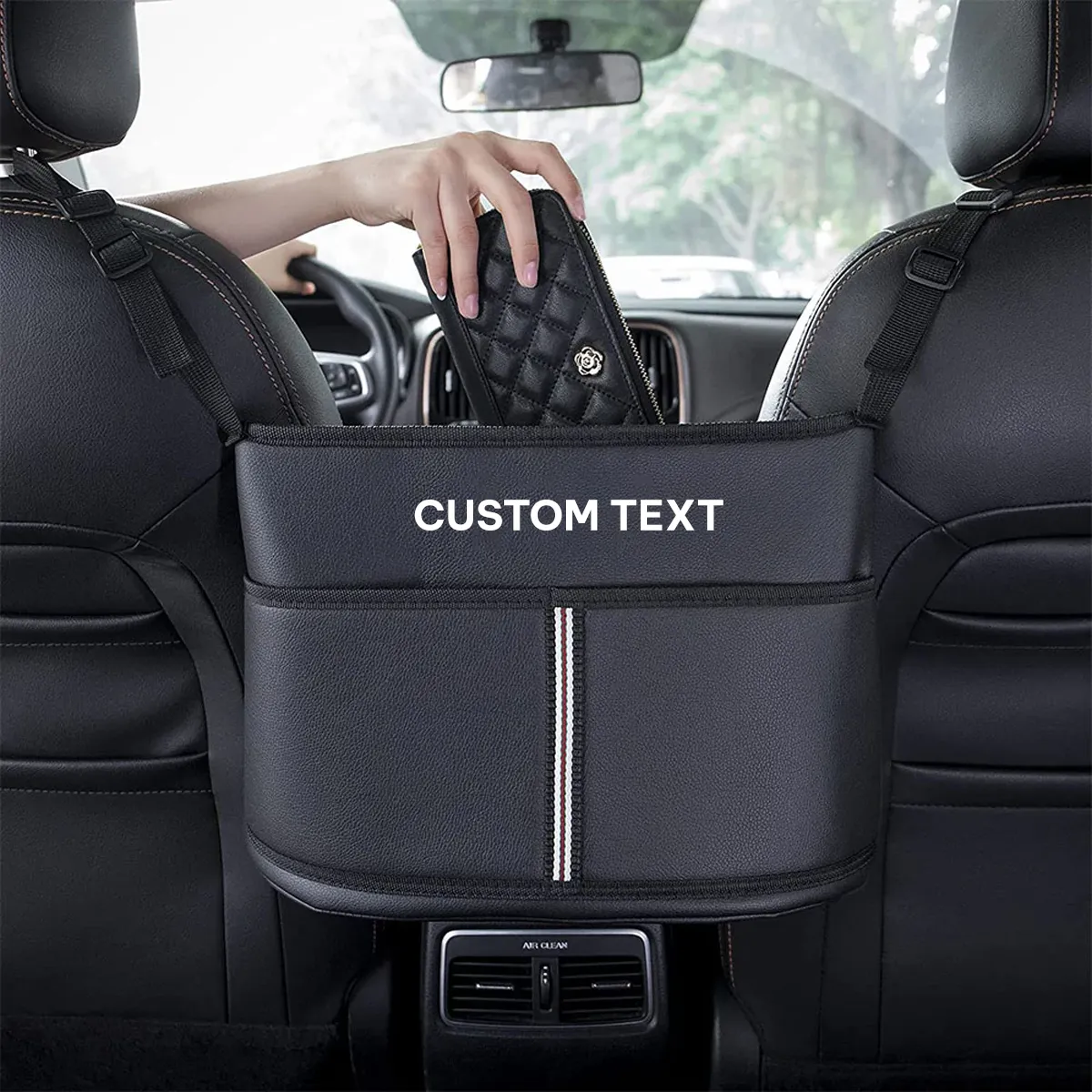 Custom Text For Car Purse Holder for Car Handbag Holder Between Seats Premium PU Leather, Compatible with All Cars, Auto Driver Or Passenger Accessories Organizer, Hanging Car Purse Storage Pocket Back Seat Pet Barrier IN11991
