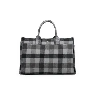 East West Bag: Grey Flannel Plaid Split Letter Monogram