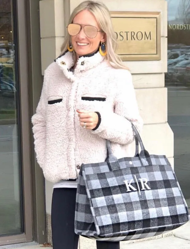 East West Bag: Grey Flannel Plaid Split Letter Monogram