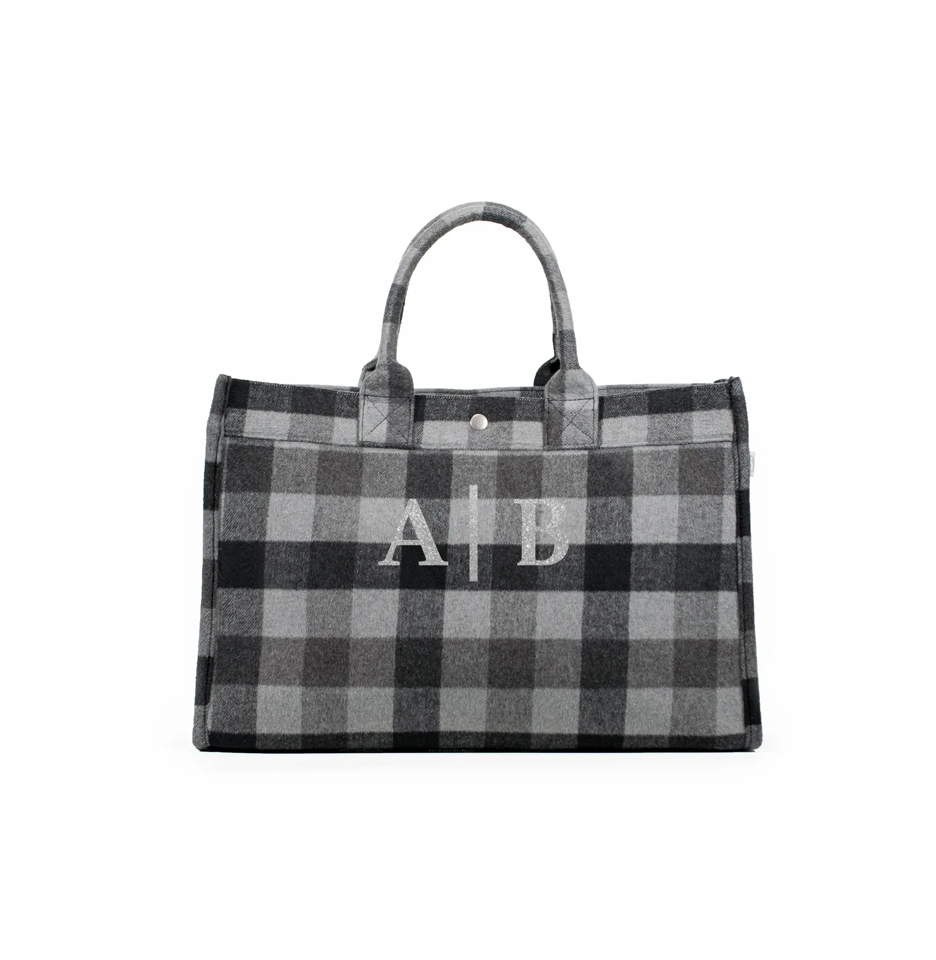 East West Bag: Grey Flannel Plaid Split Letter Monogram