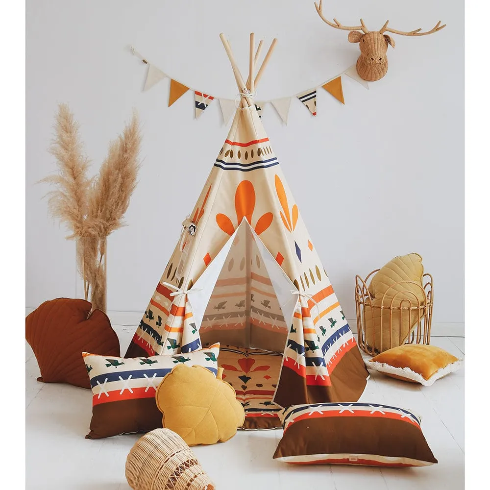 Ethnic Print Teepee And Mat Set - Beige, Brown, Orange & Blue