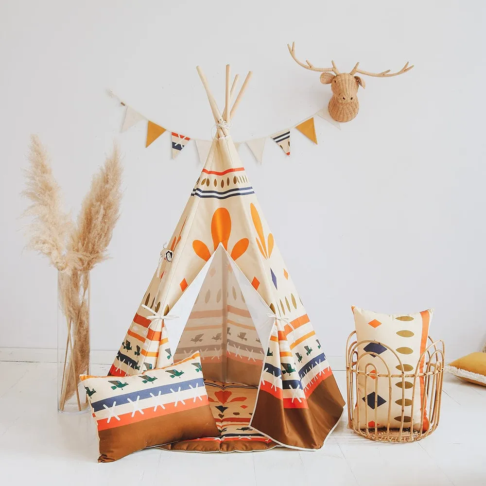 Ethnic Print Teepee And Mat Set - Beige, Brown, Orange & Blue
