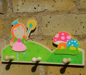 Fairy Princess Childrens Coat Rack with three wood peg hooks