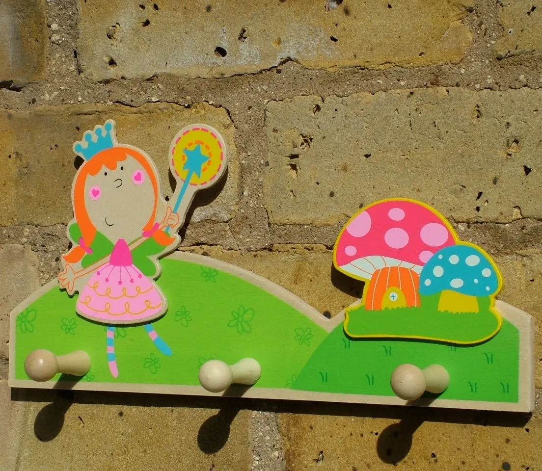 Fairy Princess Childrens Coat Rack with three wood peg hooks