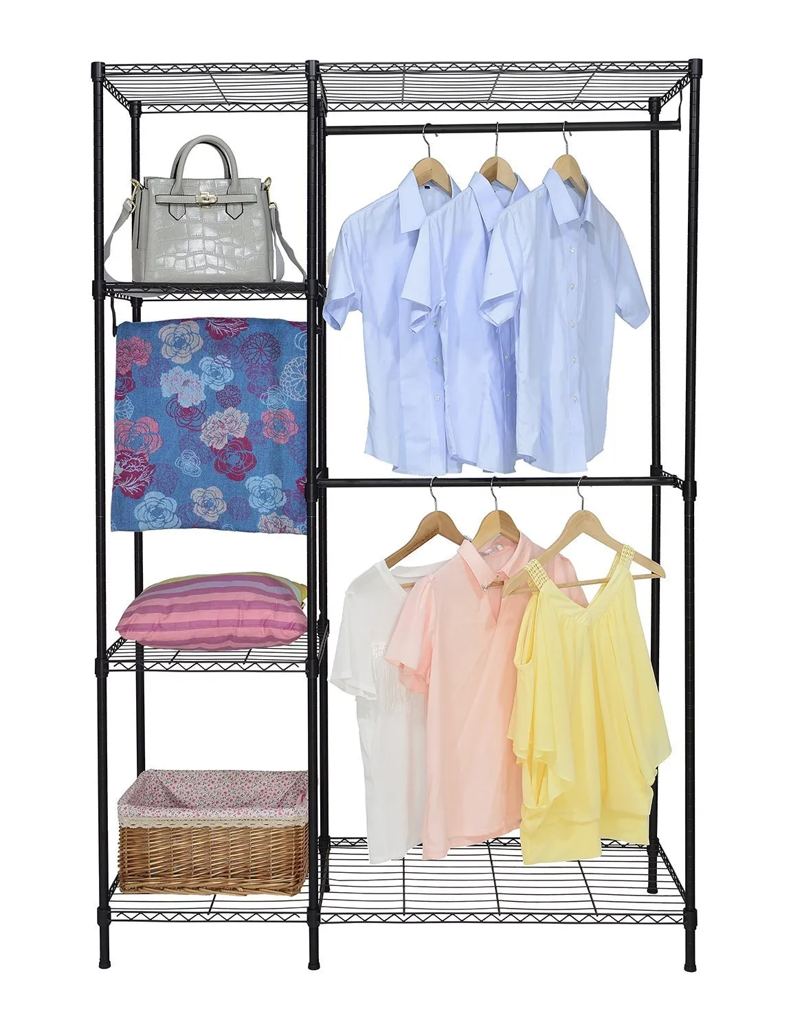 Finnhomy Heavy Duty Wire Shelving Garment Rack for Closet Organizer Portable Clothes Wardrobe Storage with Adjustable Shelves and Hangers,Thicken Steel Tube，Black