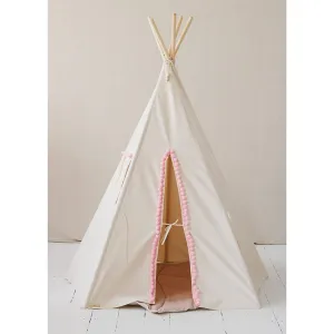 Fluffy Pompoms Teepee With Pompoms And Mat Set - Beige & Pink