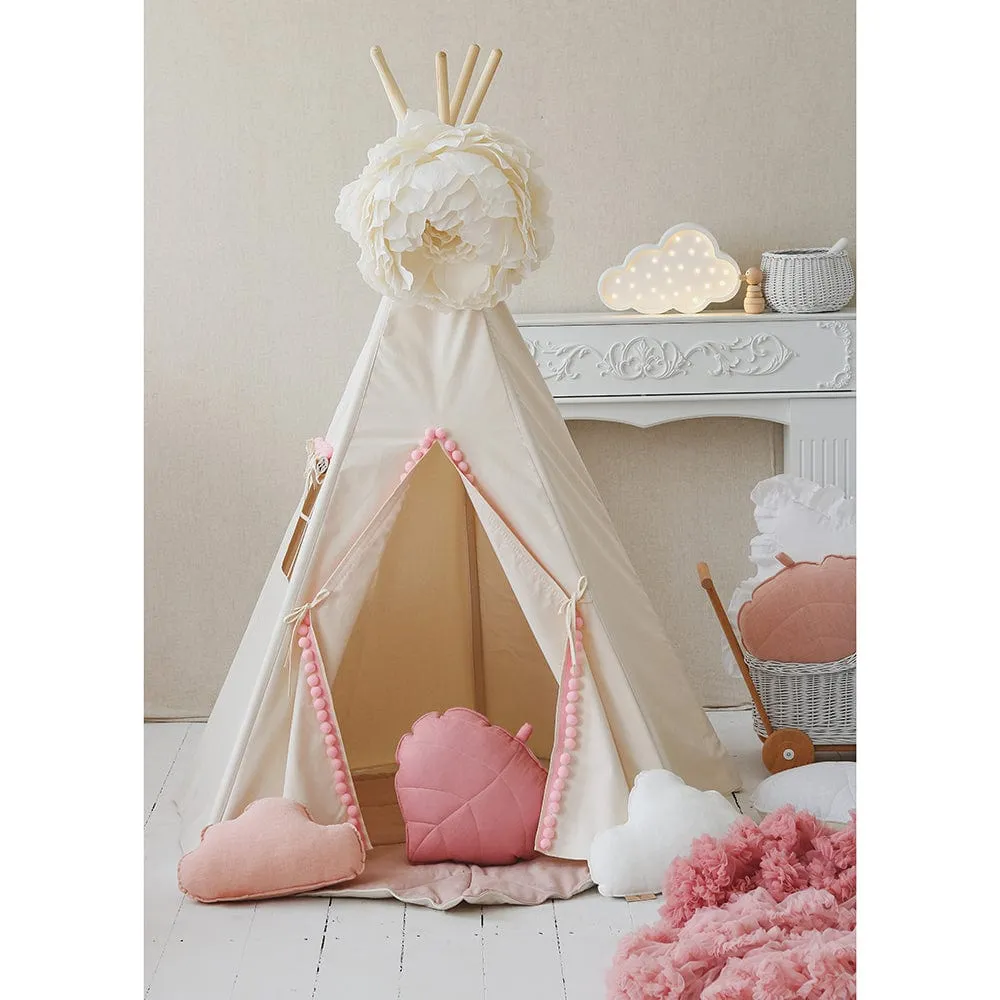 Fluffy Pompoms Teepee With Pompoms And Mat Set - Beige & Pink