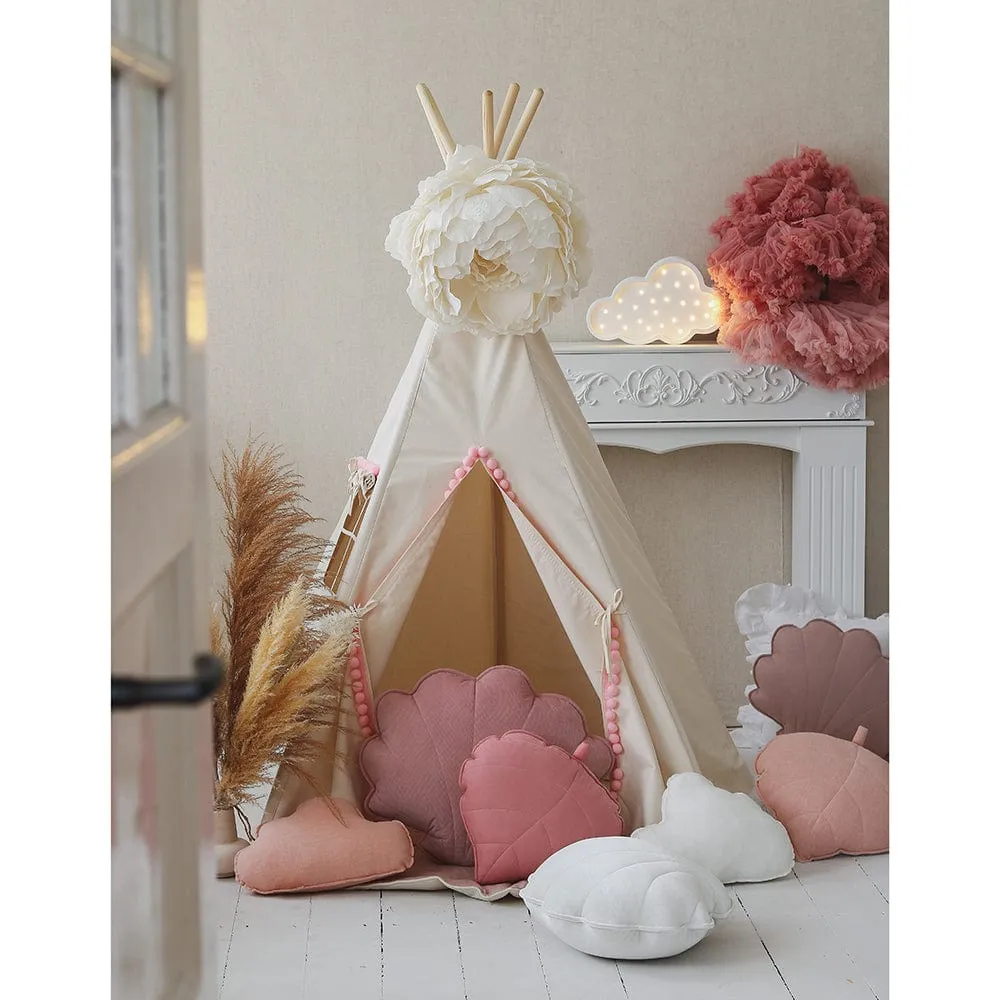 Fluffy Pompoms Teepee With Pompoms And Mat Set - Beige & Pink