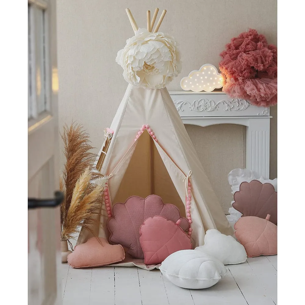 Fluffy Pompoms Teepee With Pompoms And Mat Set - Beige & Pink