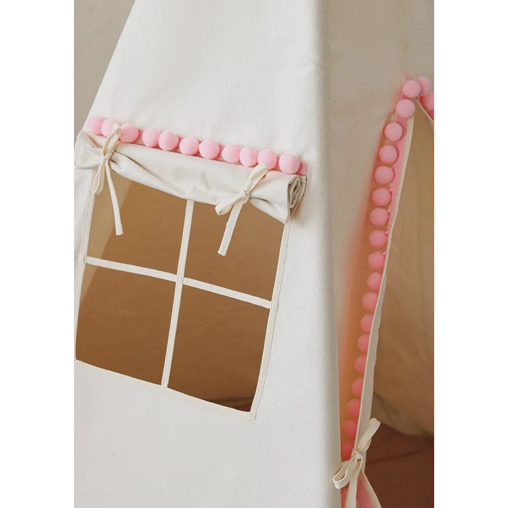 Fluffy Pompoms Teepee With Pompoms And Mat Set - Beige & Pink