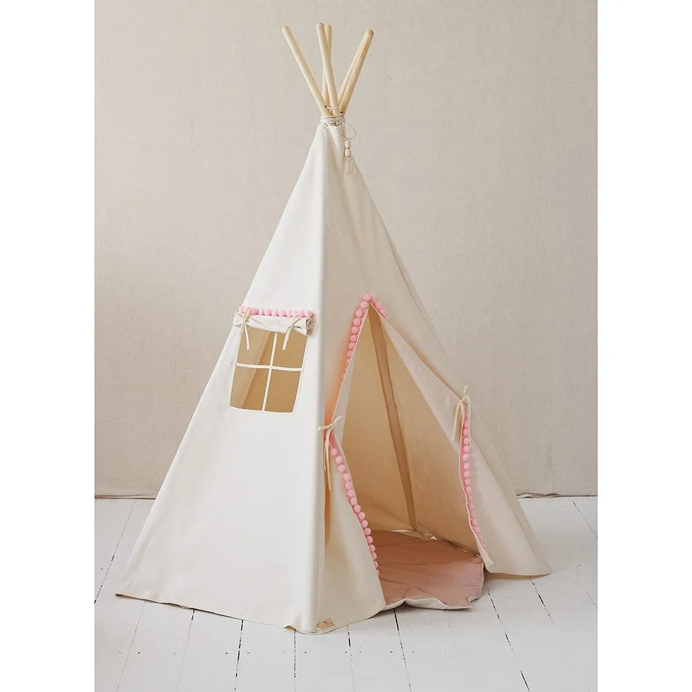 Fluffy Pompoms Teepee With Pompoms And Mat Set - Beige & Pink
