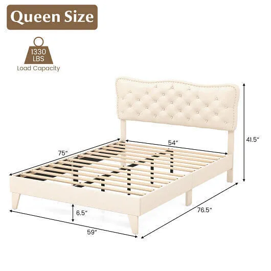 Full Size Bed Frame with Nail Headboard and Wooden Slats - Color: Beige - Size: