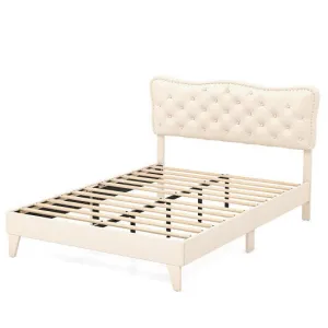 Full Size Bed Frame with Nail Headboard and Wooden Slats - Color: Beige - Size: