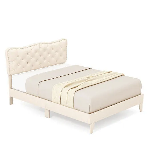 Full Size Bed Frame with Nail Headboard and Wooden Slats - Color: Beige - Size: