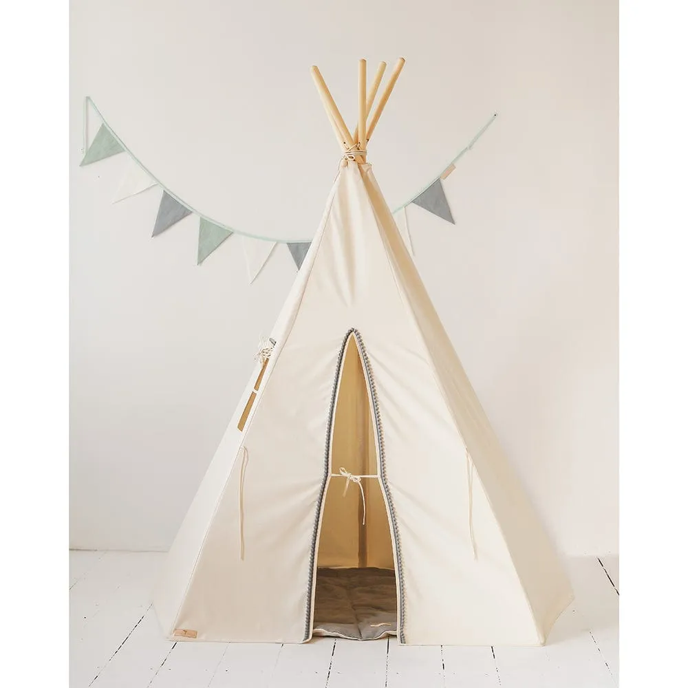 Grey Pompoms Teepee And Mat Set - Beige & Grey