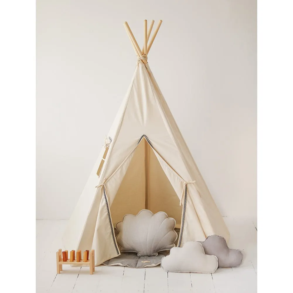 Grey Pompoms Teepee And Mat Set - Beige & Grey