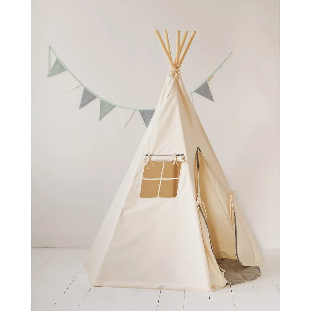 Grey Pompoms Teepee And Mat Set - Beige & Grey