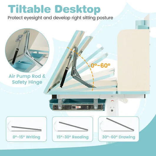 Height Adjustable Children School Home Study Table and Chair Set with Tilted Des