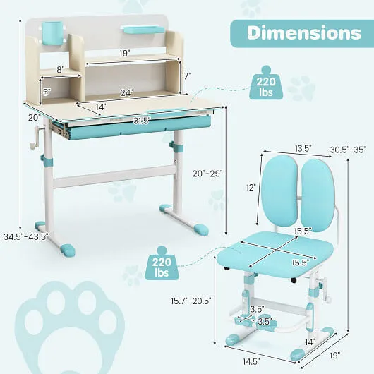 Height Adjustable Children School Home Study Table and Chair Set with Tilted Des