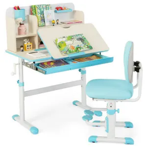 Height Adjustable Children School Home Study Table and Chair Set with Tilted Des