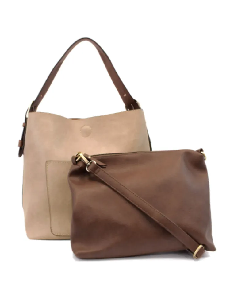 Joy Susan: Classic Hobo Handbag- Heathered Grey/Coffee Handle