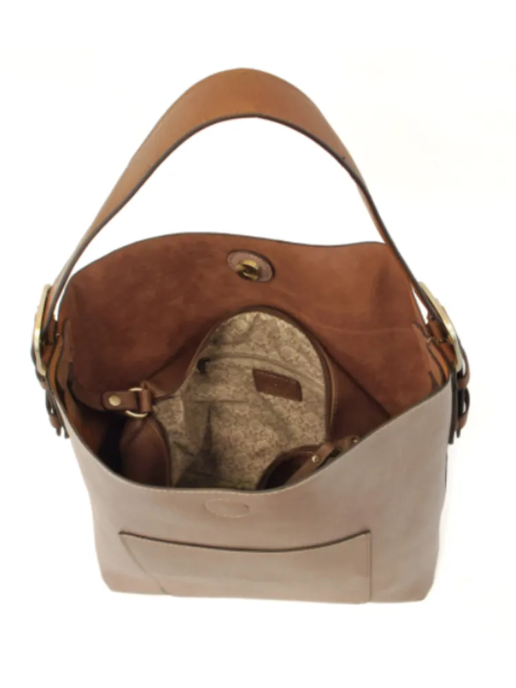 Joy Susan: Classic Hobo Handbag- Heathered Grey/Coffee Handle
