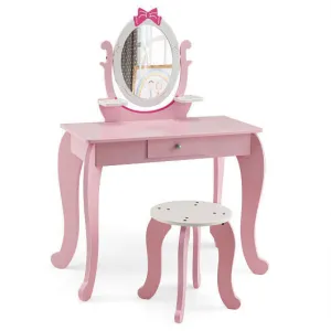 Kid Vanity Table Stool Set with Oval Rotatable Mirror-Pink - Color: Pink
