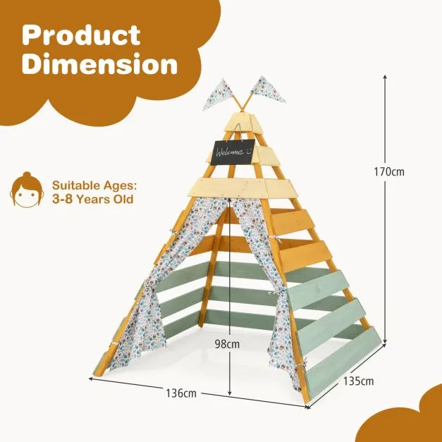 Kids Eco Conscious Natural Wooden Montessori Teepee | Playhouse or Den with Curtains | 1.7m High