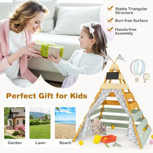 Kids Eco Conscious Natural Wooden Montessori Teepee | Playhouse or Den with Curtains | 1.7m High