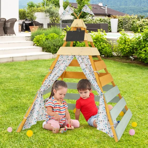 Kids Eco Conscious Natural Wooden Montessori Teepee | Playhouse or Den with Curtains | 1.7m High