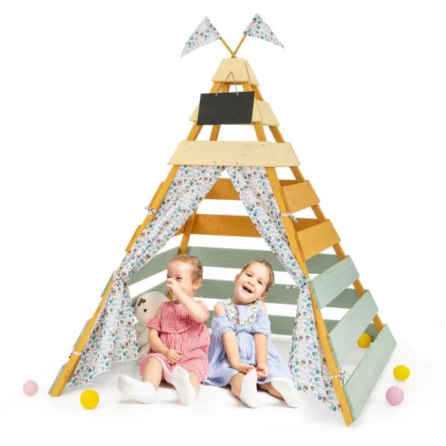 Kids Eco Conscious Natural Wooden Montessori Teepee | Playhouse or Den with Curtains | 1.7m High