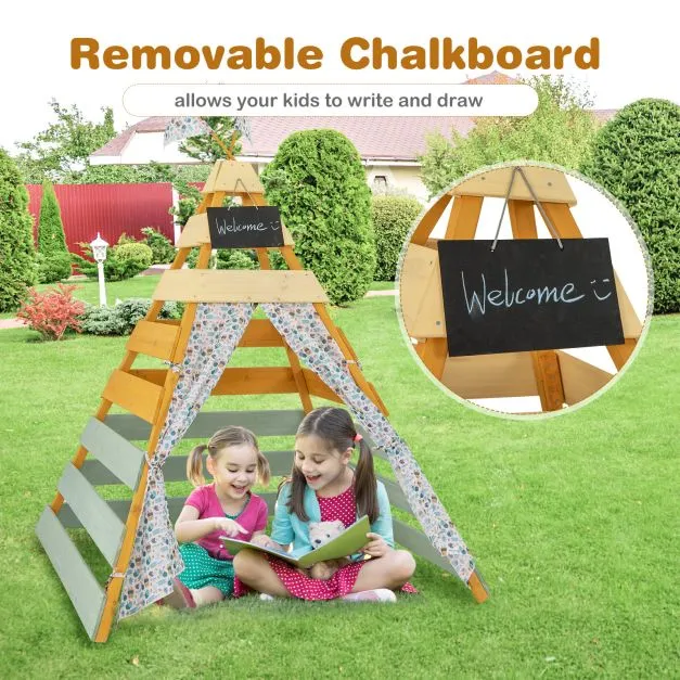 Kids Eco Conscious Natural Wooden Montessori Teepee | Playhouse or Den with Curtains | 1.7m High