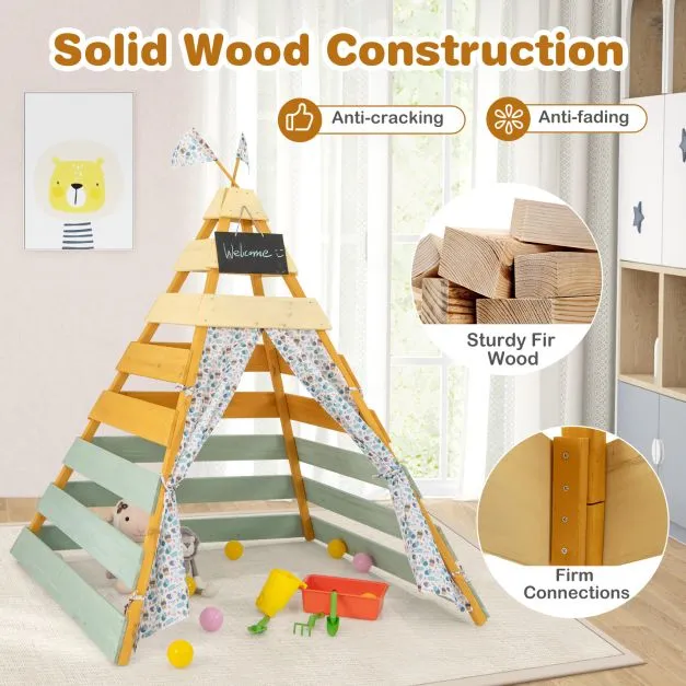 Kids Eco Conscious Natural Wooden Montessori Teepee | Playhouse or Den with Curtains | 1.7m High