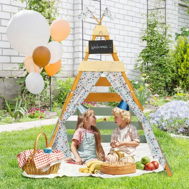 Kids Eco Conscious Natural Wooden Montessori Teepee | Playhouse or Den with Curtains | 1.7m High