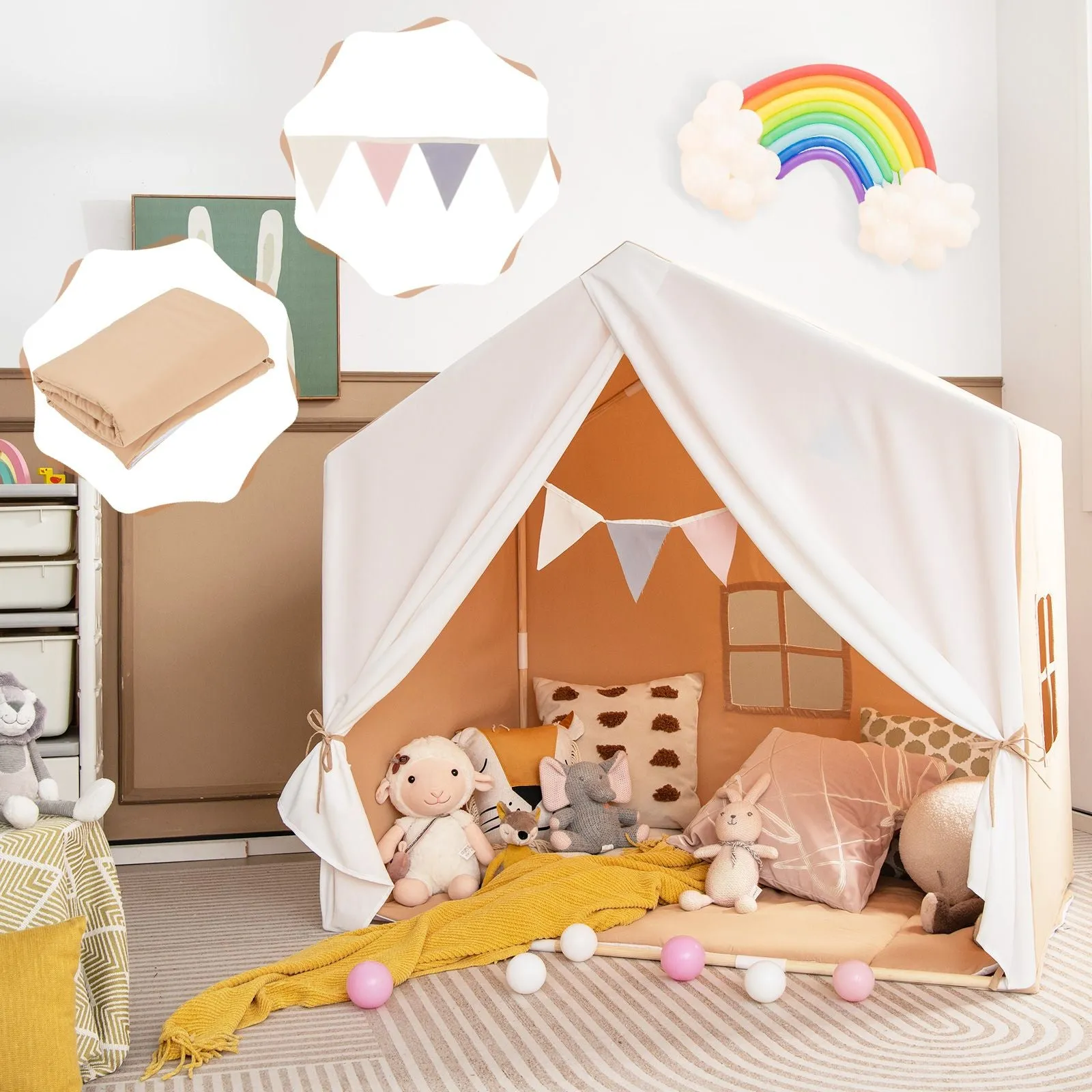 Kids Playhouse Tent | Windows and Curtain | Washable Non-Slip Mat | Brown or Pink