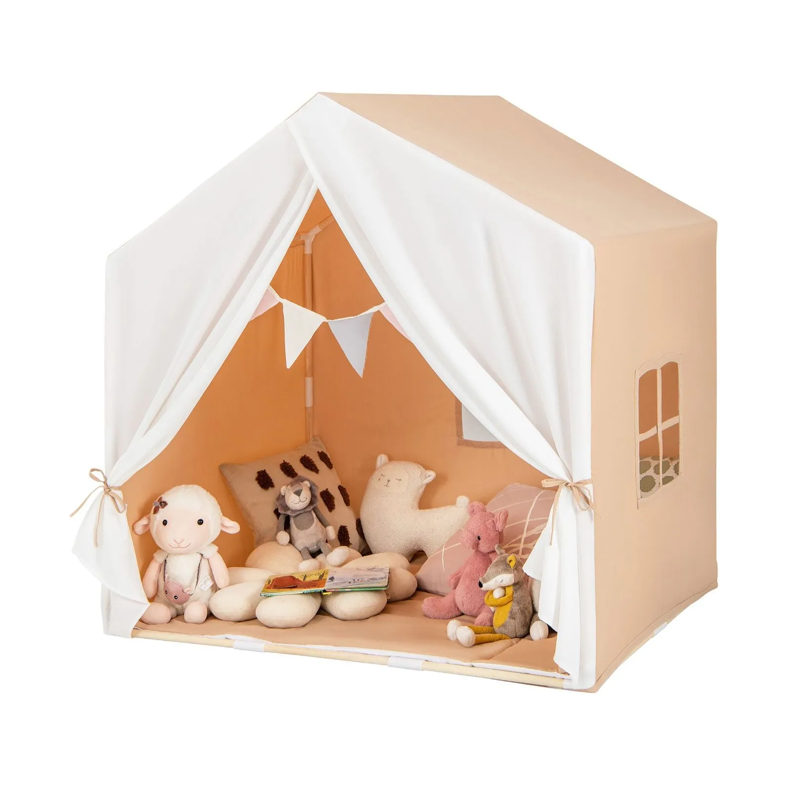 Kids Playhouse Tent | Windows and Curtain | Washable Non-Slip Mat | Brown or Pink