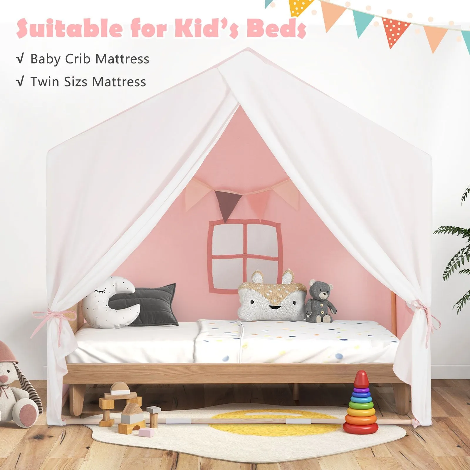 Kids Playhouse Tent | Windows and Curtain | Washable Non-Slip Mat | Brown or Pink