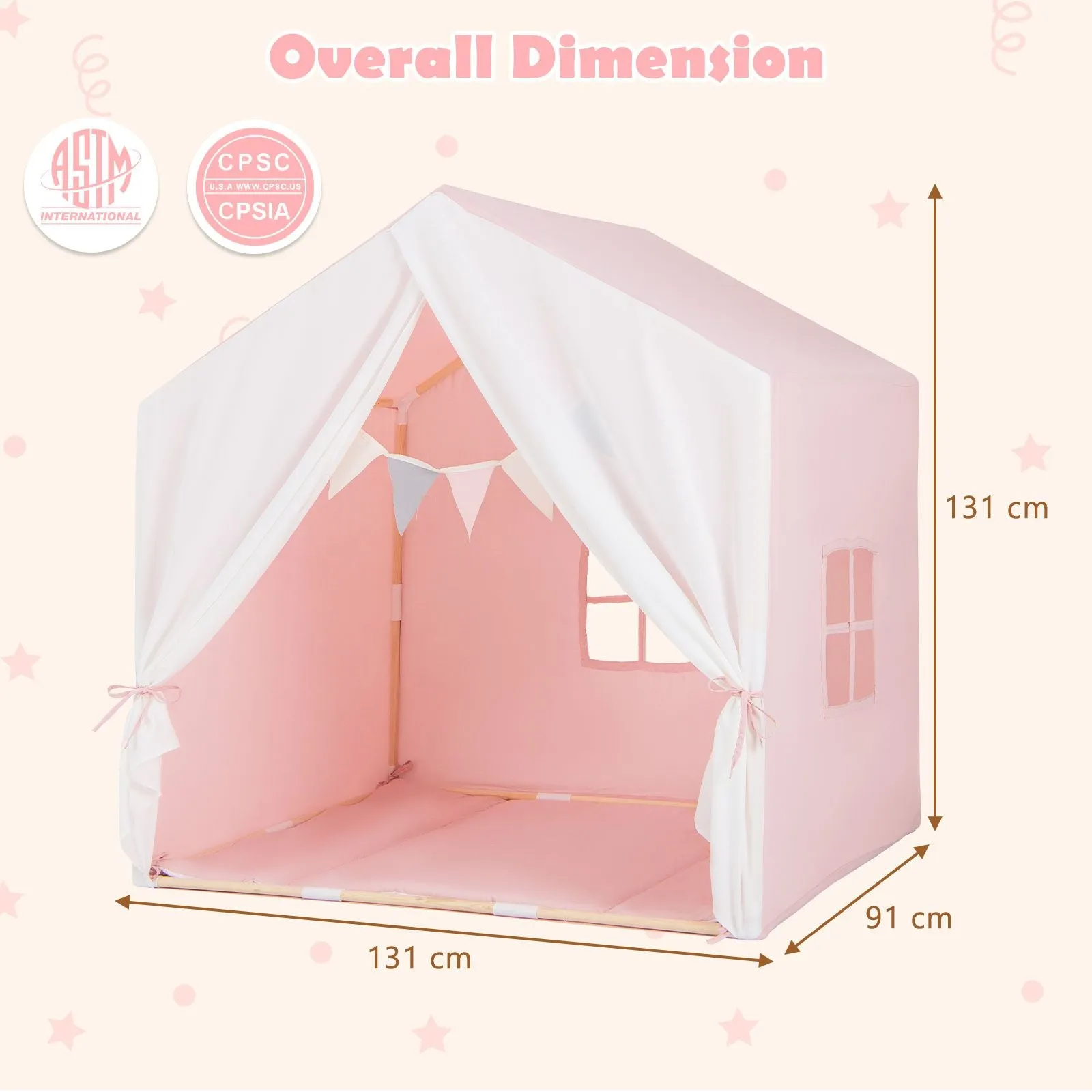 Kids Playhouse Tent | Windows and Curtain | Washable Non-Slip Mat | Brown or Pink