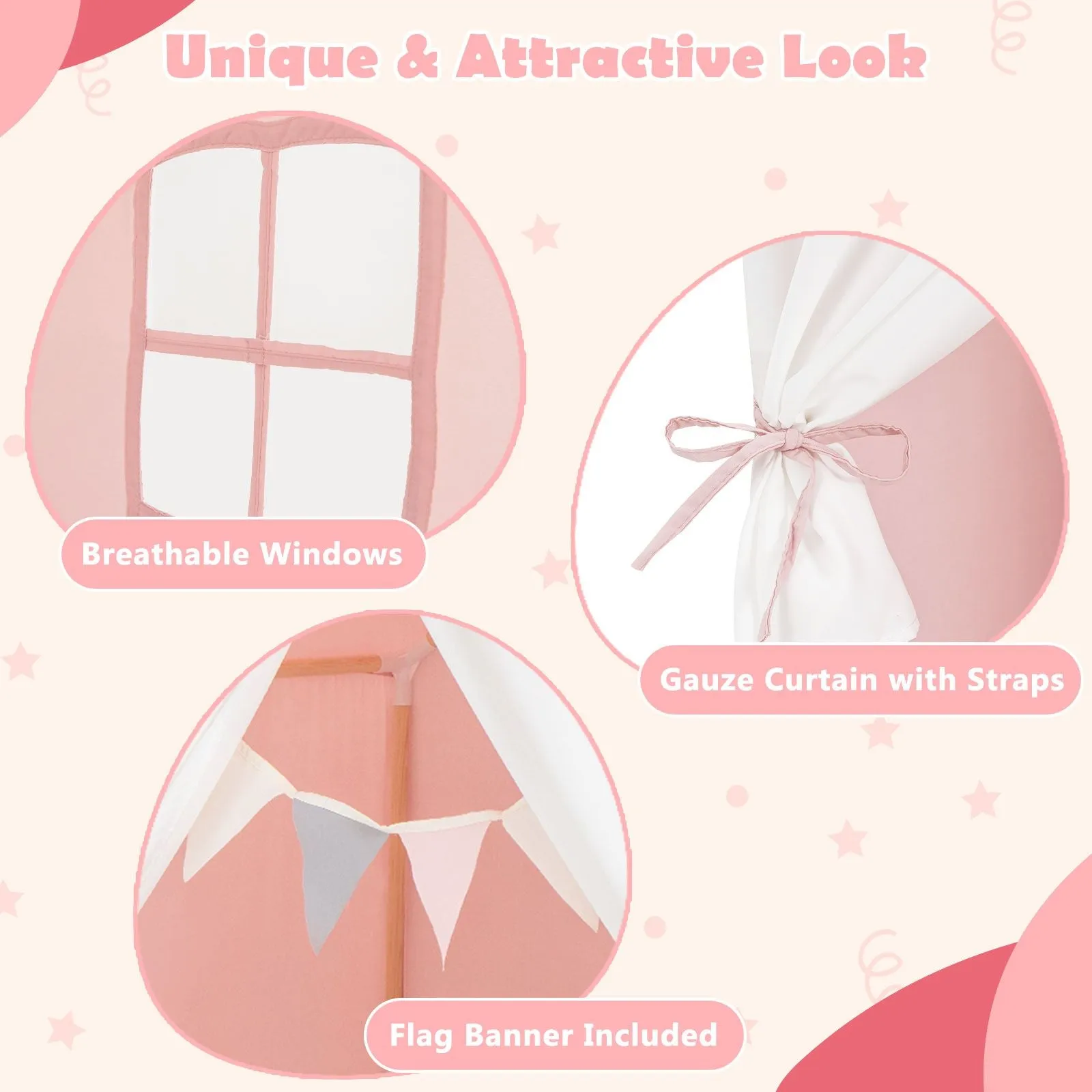 Kids Playhouse Tent | Windows and Curtain | Washable Non-Slip Mat | Brown or Pink